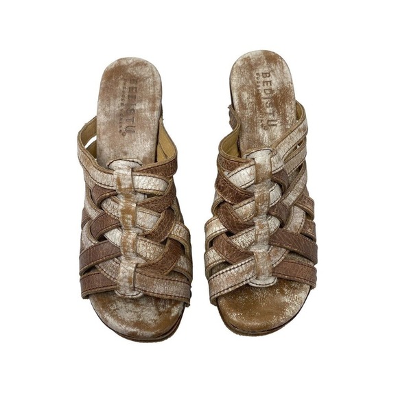 Bed Stu Womens Gina Wedge Sandals Sz 6 Leather Slide Strappy Nectar Lux Tan Lux - Picture 1 of 6
